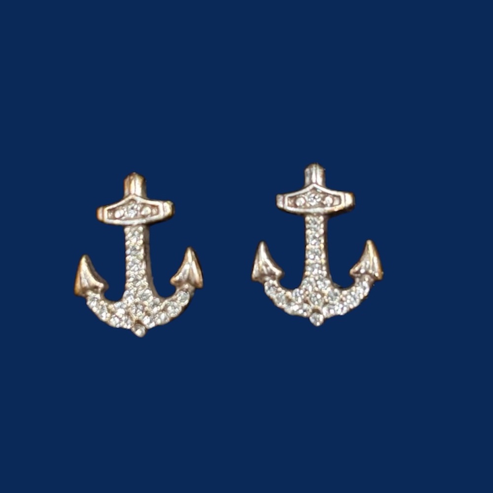 Brighton Silver Crystal Anchor Stud Earrings. NWT